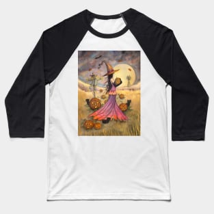 October Fields Halloween Witch and Scarecrow Fantasy Art Baseball T-Shirt